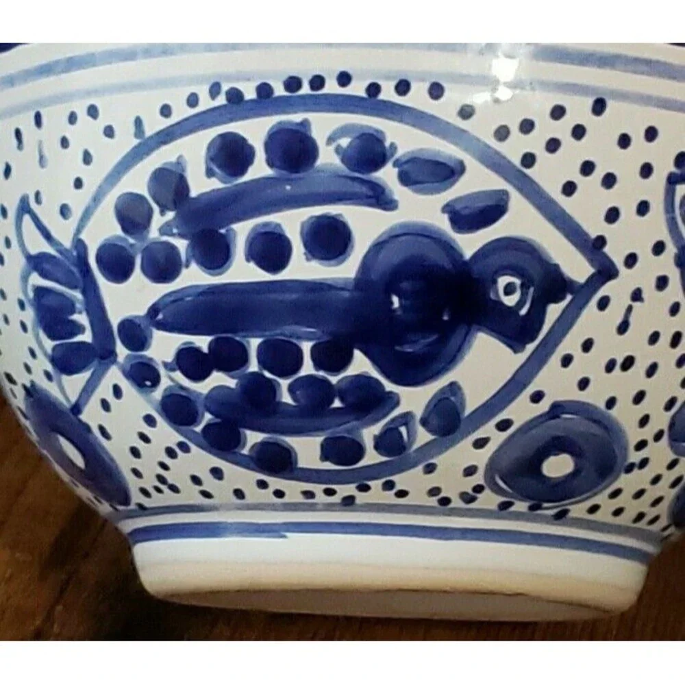 Blue White Bowl Painted Fish Made in Tunisia Mediterranean Soup Rice Cereal